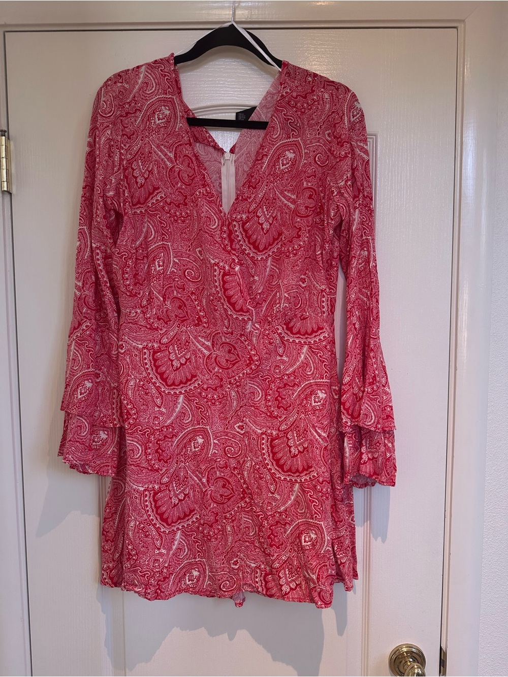 Red Paisley Long Sleeve V-Neck Dress